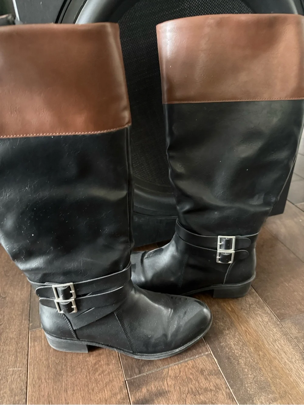 Classic Two-Tone Buckle Riding Boots — Black and Brown Wide Calf